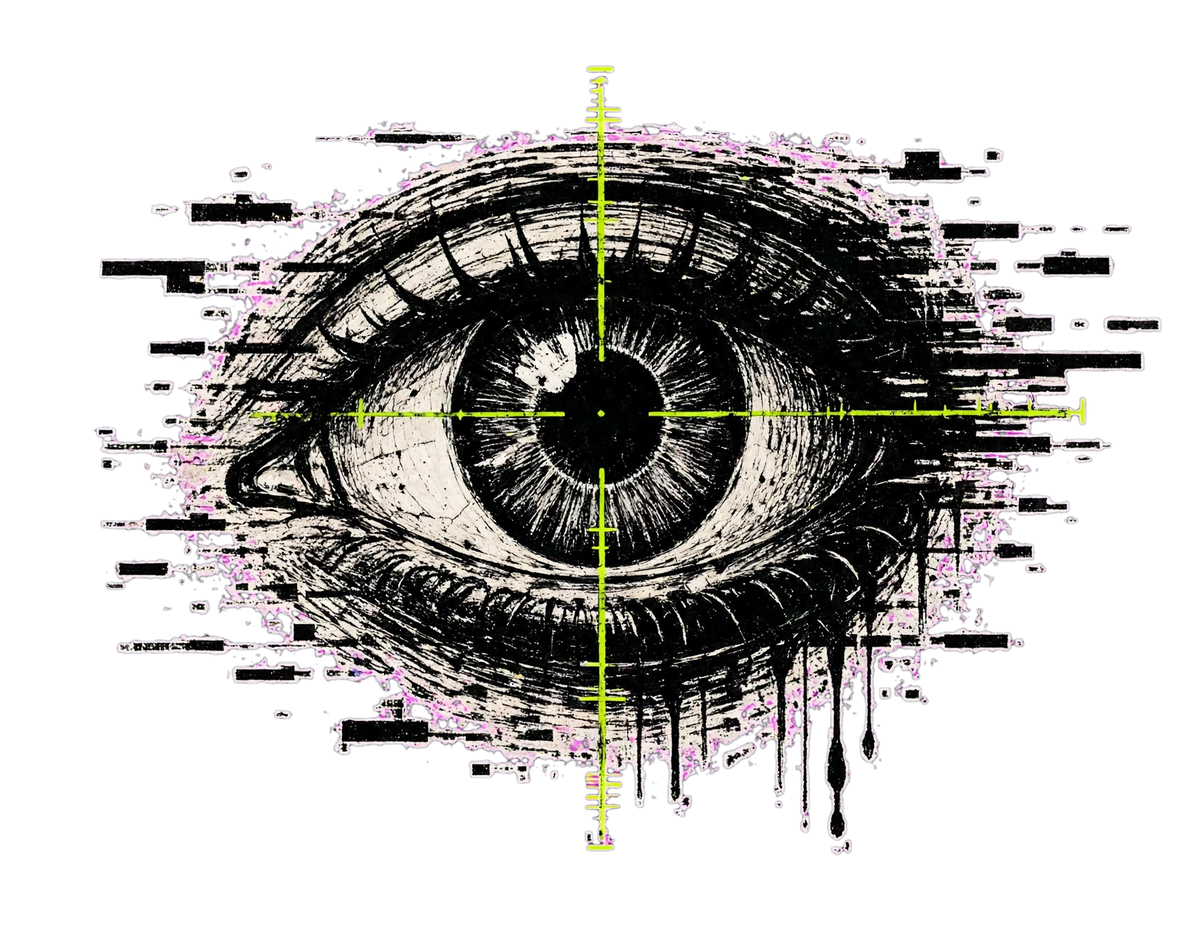 Distressed eye symbol with signal-green marks from Studio Ayyo0oh.