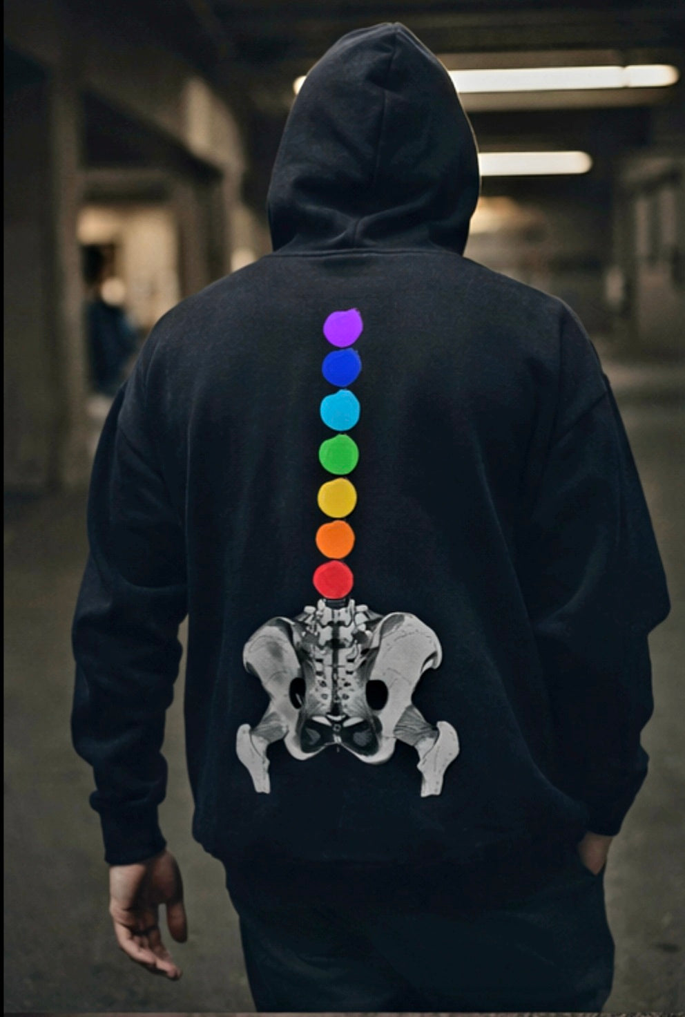 Chakra Spine Hoodie — 'Something's Open' Chest Patch, Rainbow Energy Pullover