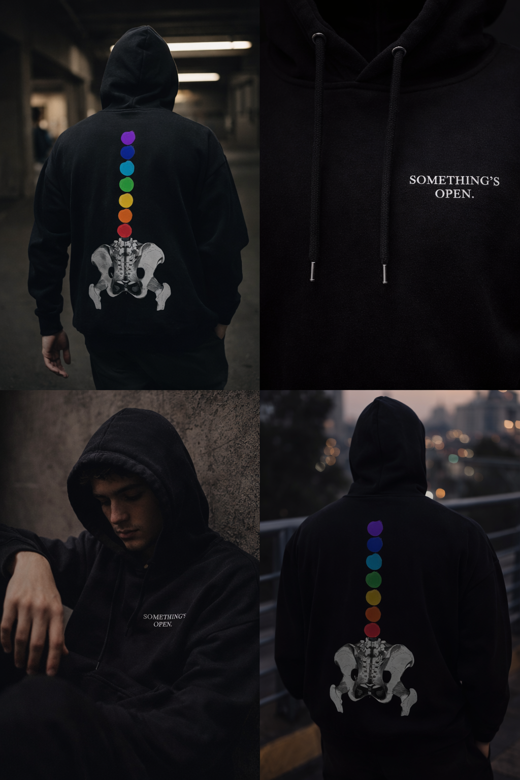 Chakra Spine Hoodie — 'Something's Open' Chest Patch, Rainbow Energy Pullover