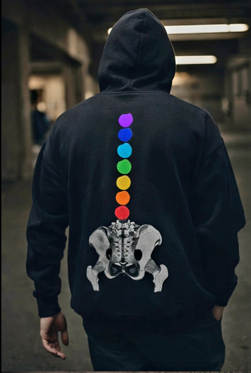 Chakra Spine Hoodie — 'Something's Open' Chest Patch, Rainbow Energy Pullover