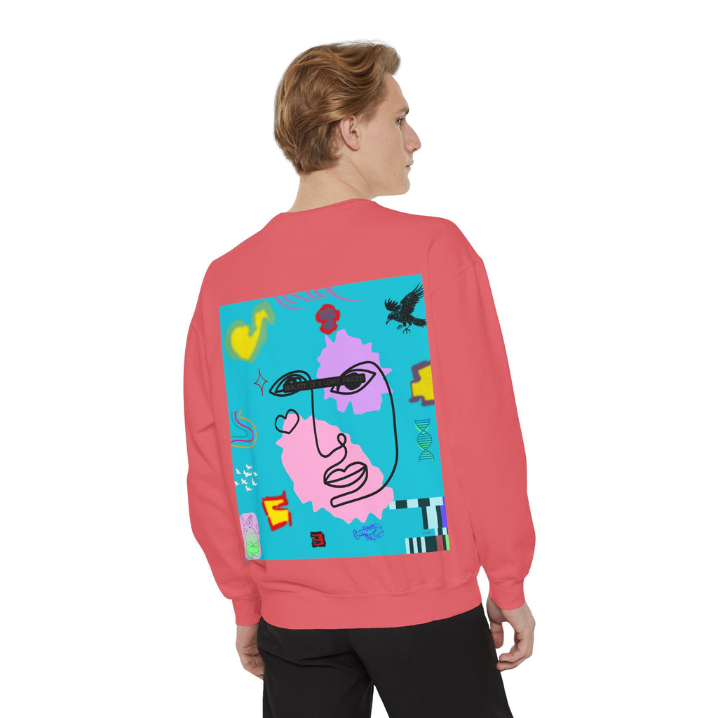 Person wearing a red sweatshirt with a colorful abstract design on the back against a white background