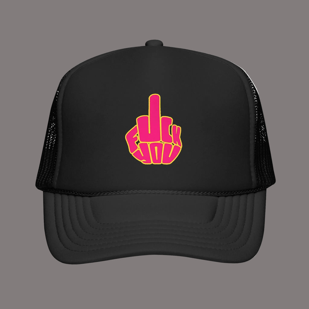 Black trucker cap with pink middle finger graphic on a white background