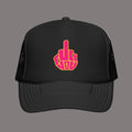 Black trucker cap with pink middle finger graphic on a white background