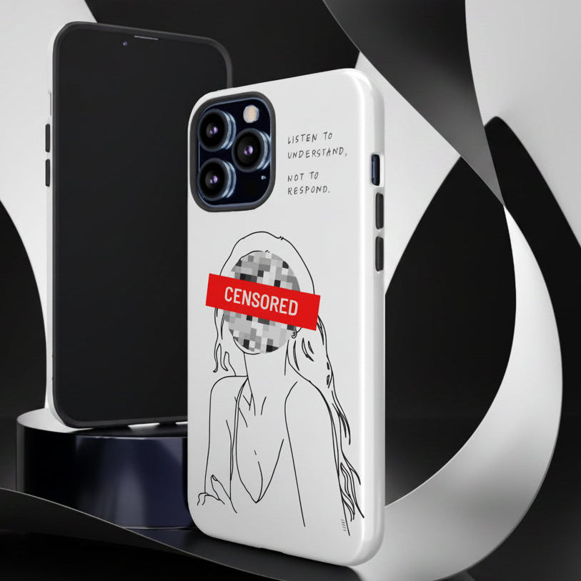 Phone case with a design and 'CENSORED' label on a dark background