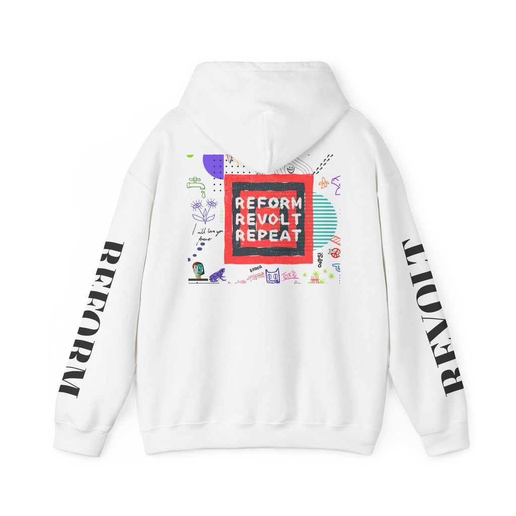 White hoodie with 'Reform Revolt Repeat' text and graphics on a white background