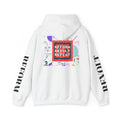 White hoodie with 'Reform Revolt Repeat' text and graphics on a white background