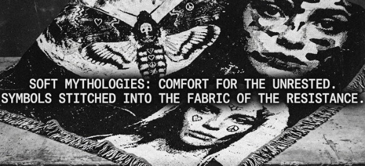 Text on a black and white image of a fabric with artistic designs and text about soft mythologies and comfort.