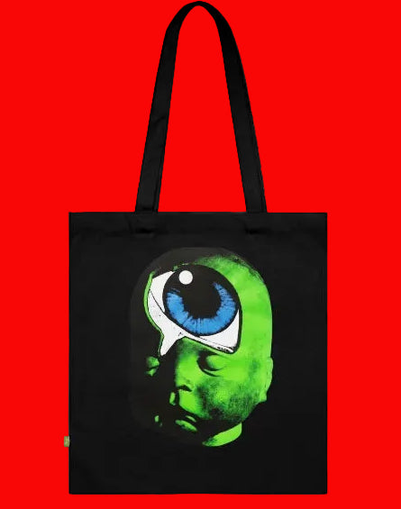 Black tote bag with a green and blue graphic design on a white background