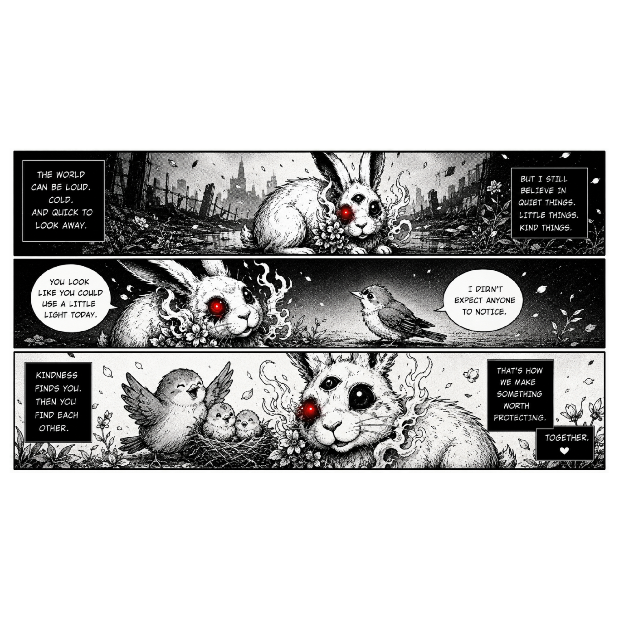 Comic strip with rabbits and birds in a black and white style.