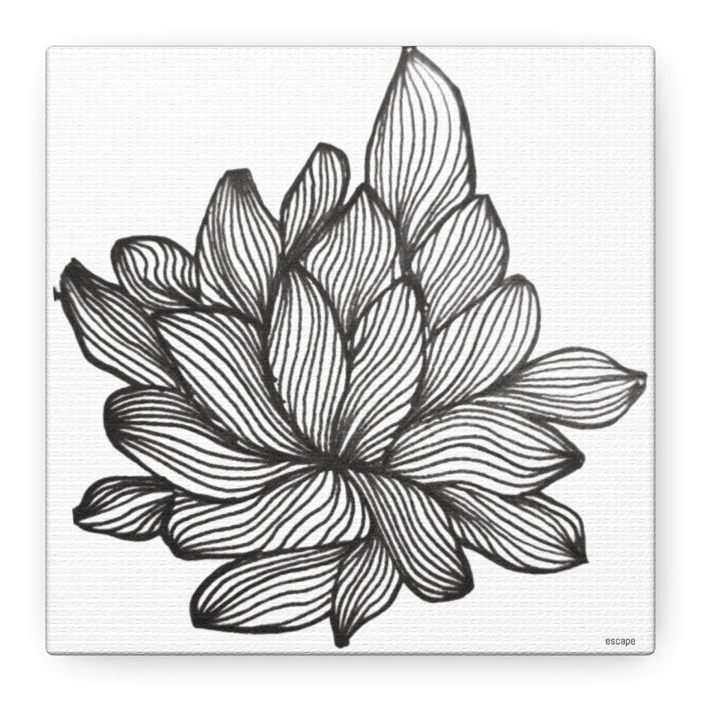Black and white line drawing of a flower on a white background