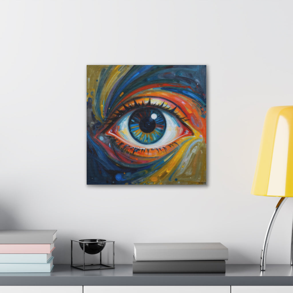 Colorful abstract painting of an eye on a wall above a desk with books and a lamp. Orginal Ayyo0oh painting turned print