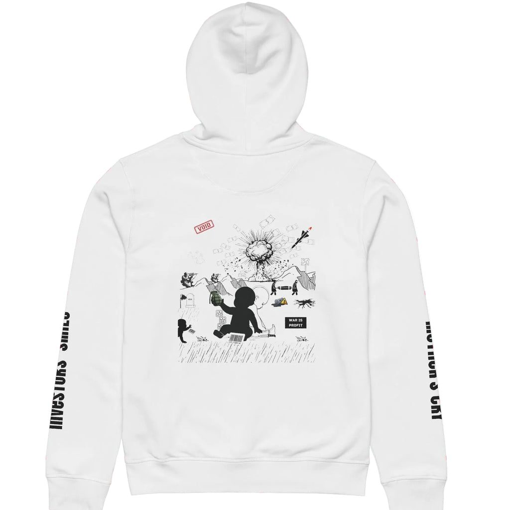 White hoodie with black graphic design on a red and white checkered background