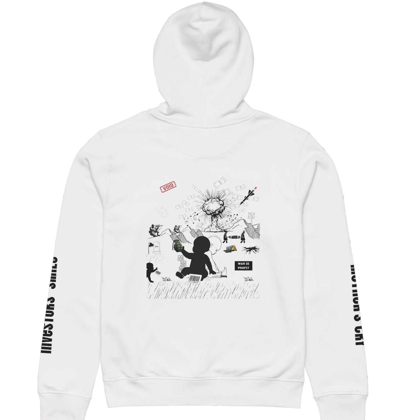 White hoodie with black graphic design on a red and white checkered background