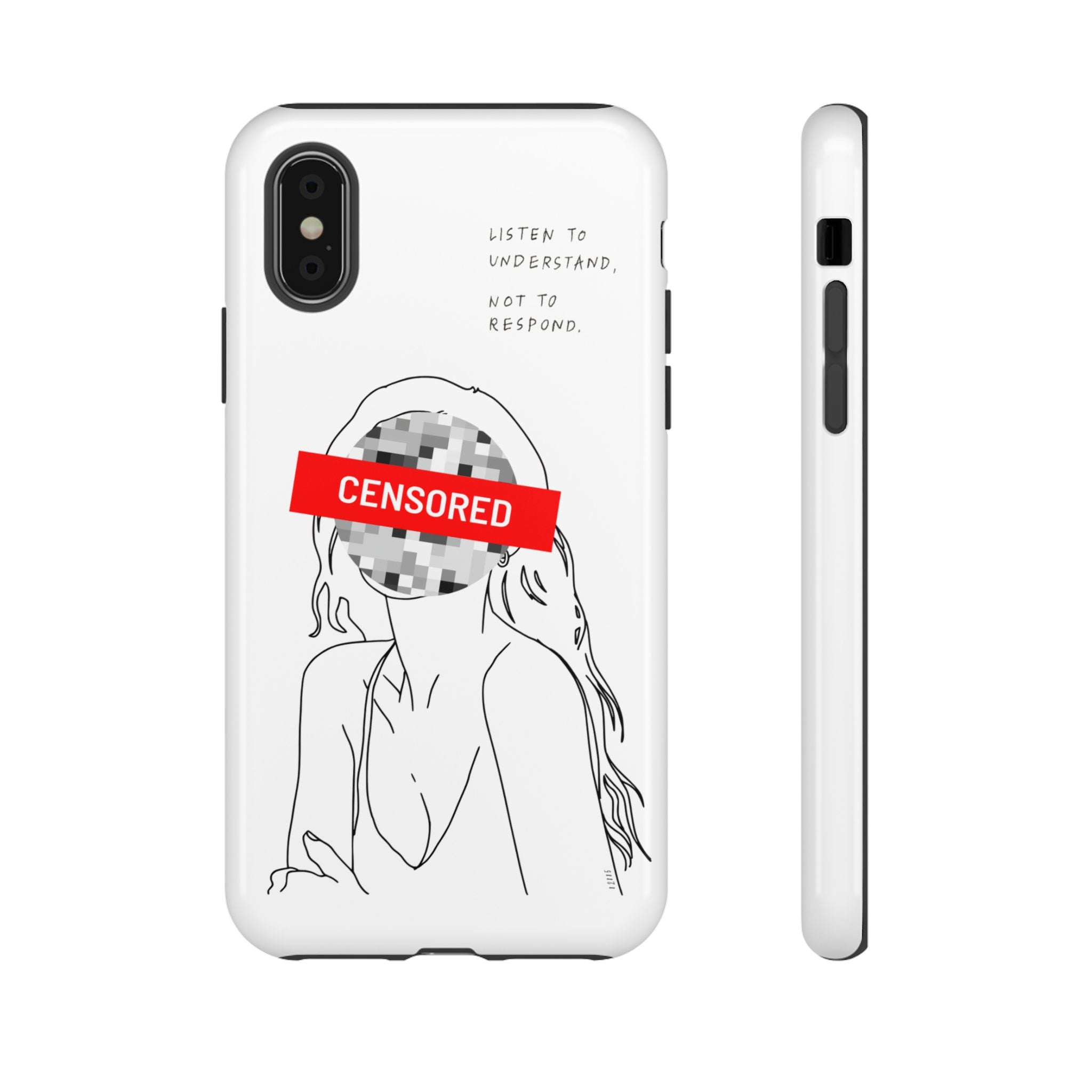 Phone case with a stylized face, 'CENSORED' label, and text on a white background